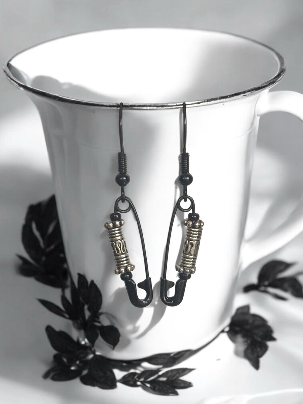 5 For $25💫Small Punk Black Safety Pin Earrings With Silver Accent Beads